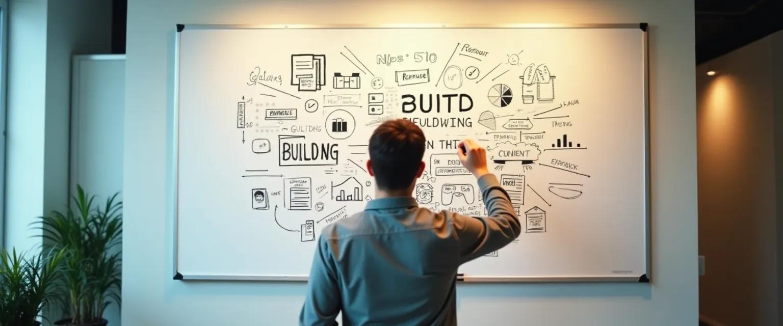 A person sketches brand elements on a whiteboard, illustrating a creative design process.