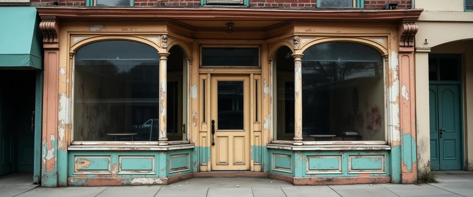 A weathered storefront with peeling paint and vintage architectural details suggests a sense of history and disrepair.