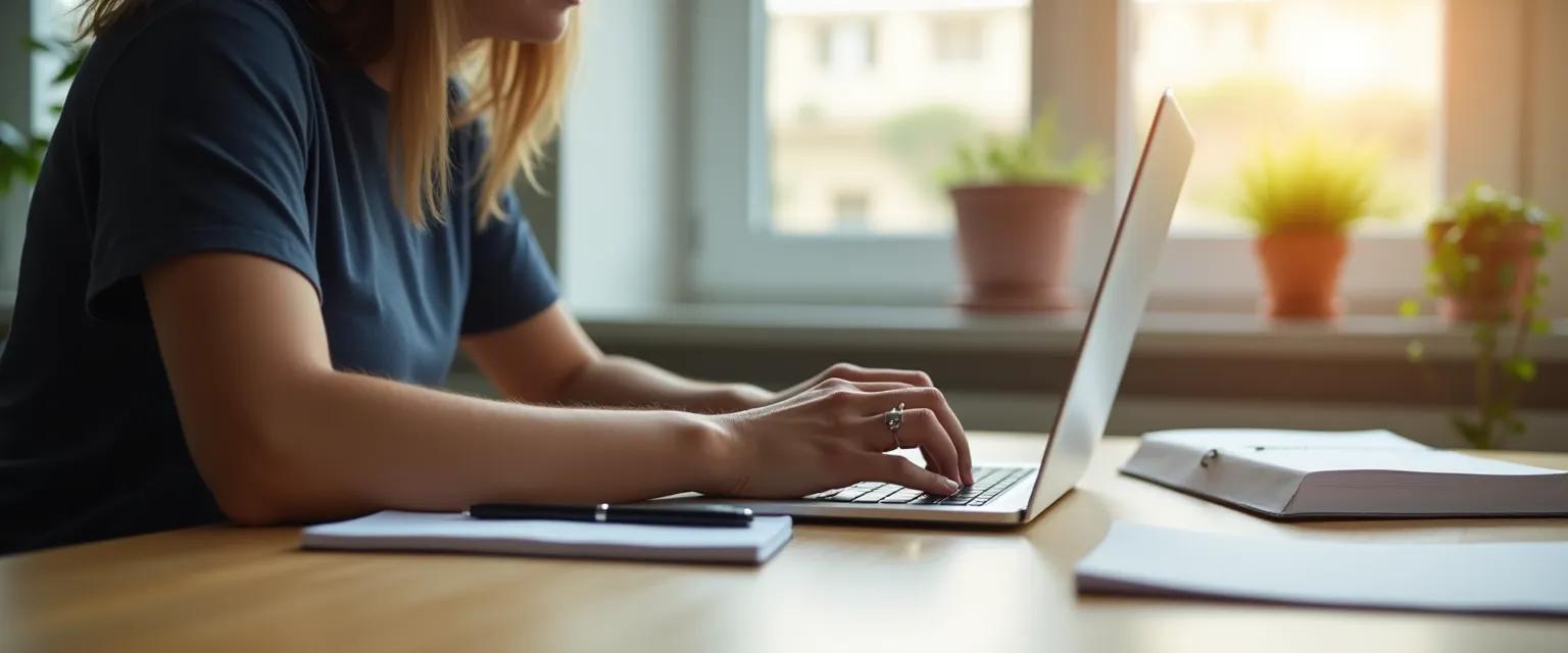 A person is working on a laptop, researching branding and taking notes in a bright, comfortable workspace.