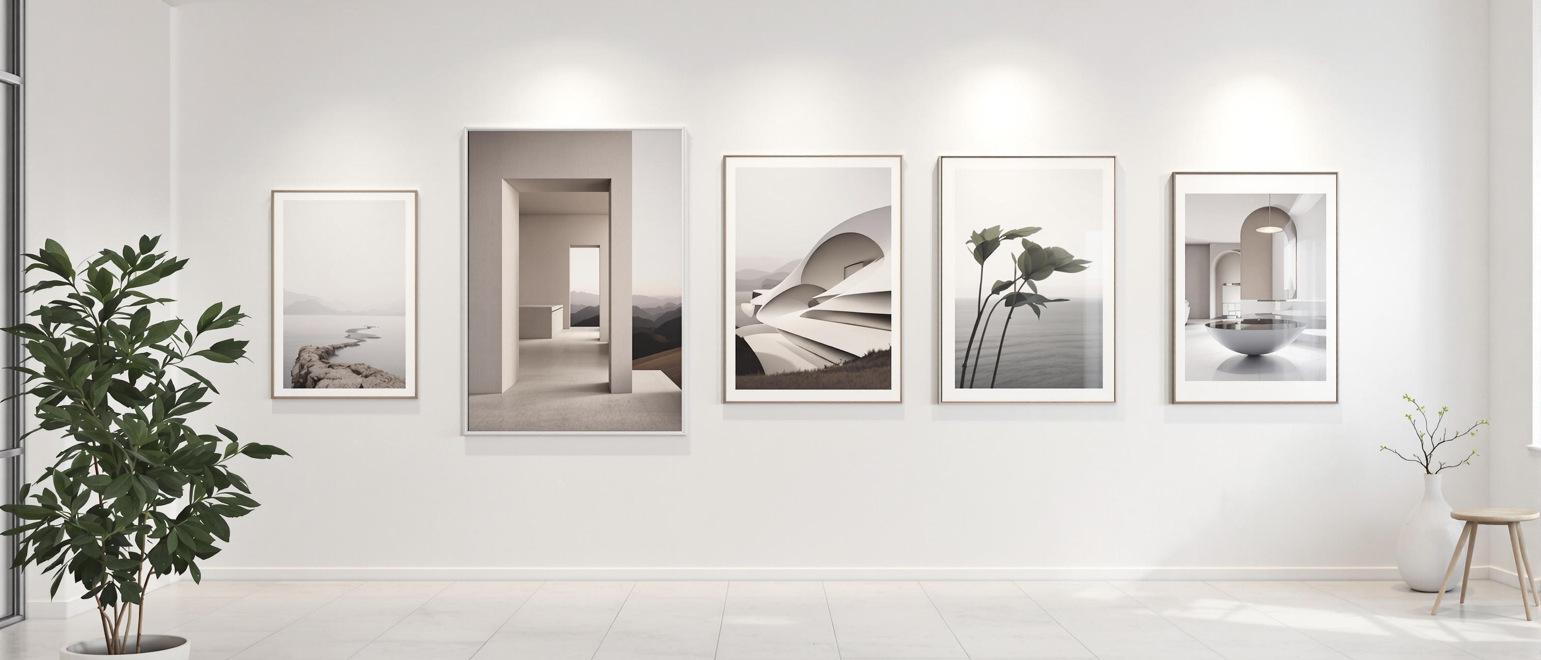 A curated selection of photographic prints and mockups displayed on a gallery wall, showcasing a consistent visual style.