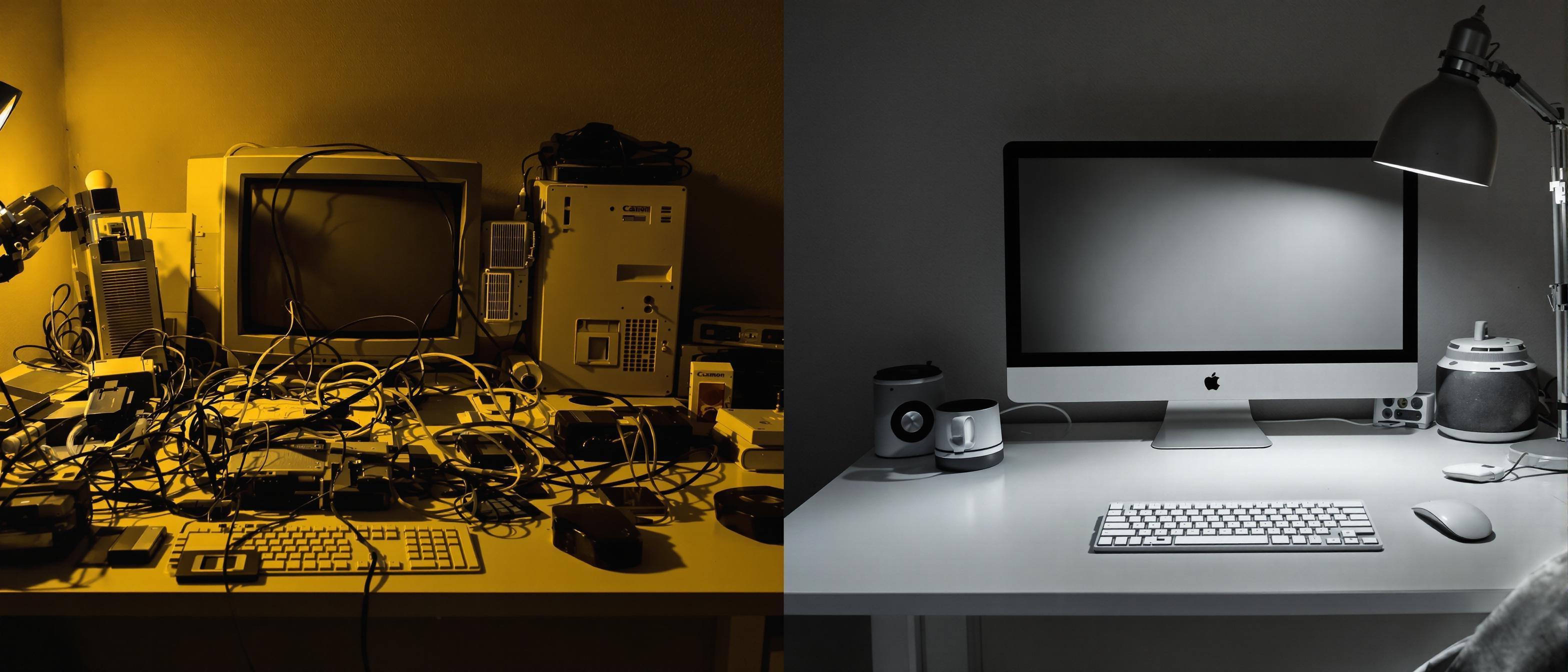 A split-screen composition contrasts examples of outdated and modern graphic design, highlighting the evolution of visual aesthetics.