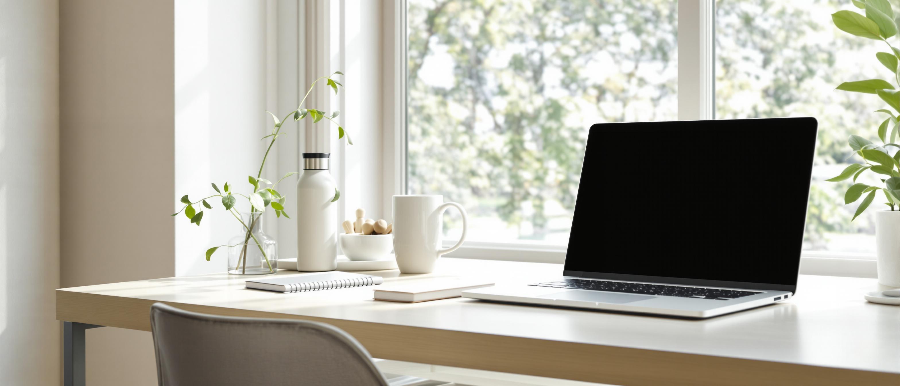 A bright, modern workspace features a clean desk with a laptop, notebook, and water bottle, all in matching minimalist designs.
