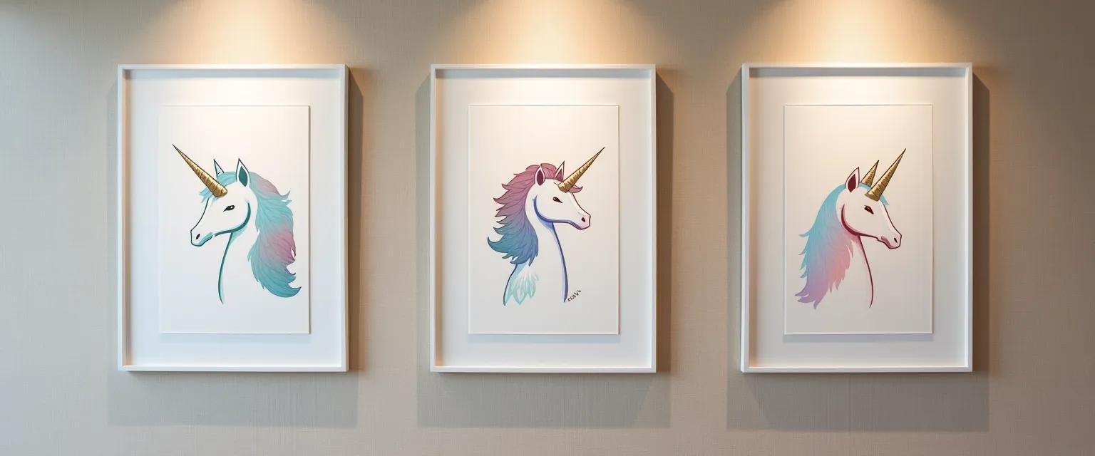 A collection of artistic unicorn depictions, each rendered in a distinct style and color scheme.