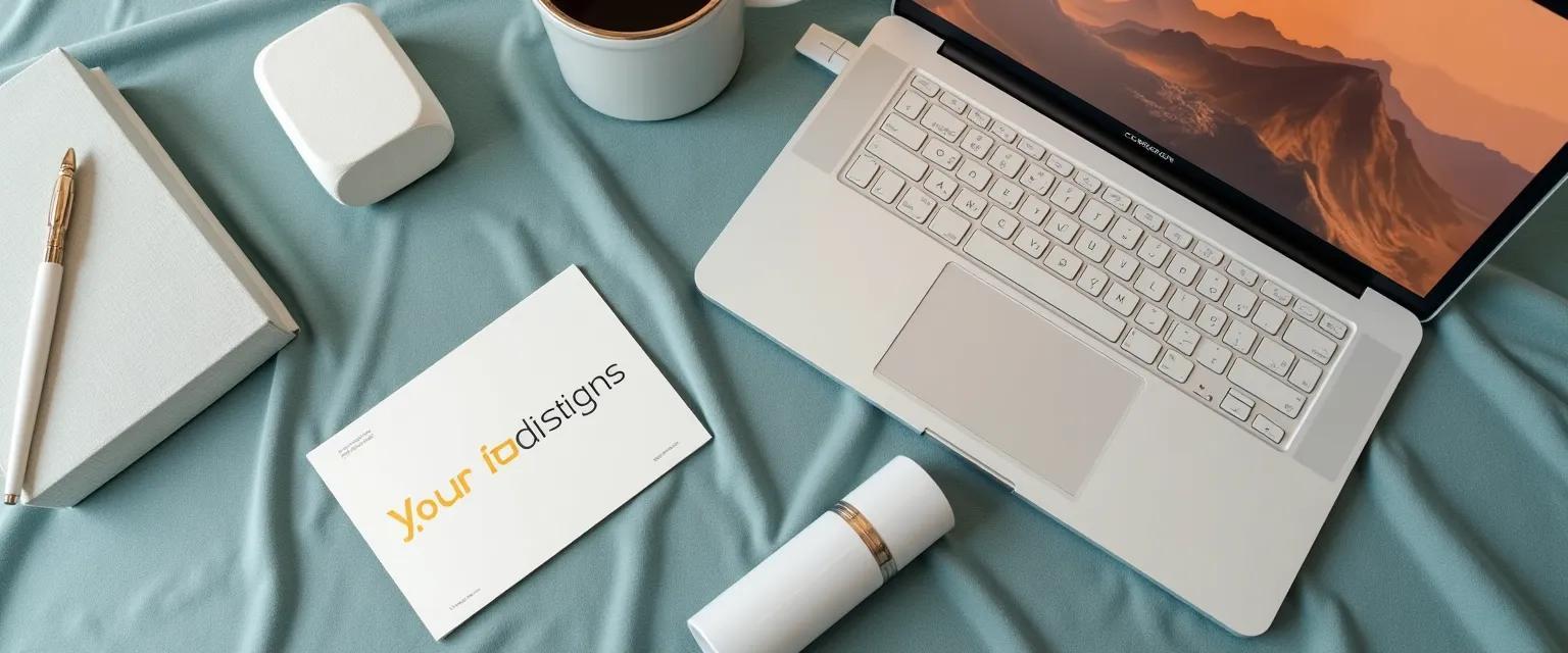 A collection of branded materials including a website display, business card, t-shirt, and coffee mug are presented in a coordinated color scheme.