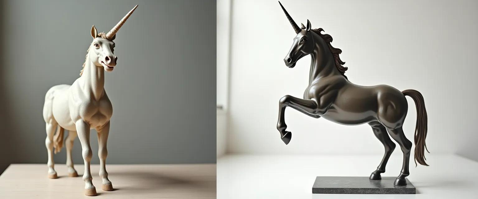 A side-by-side comparison of two sculpted unicorn figures, one crudely made and the other elegantly designed, displayed in a well-lit studio.