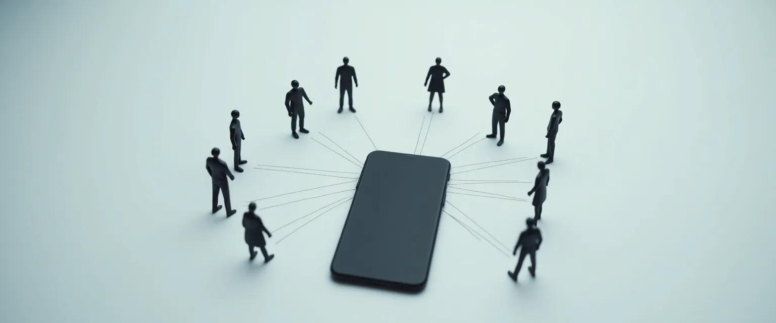 A smartphone is subtly linked to various simplified figures, representing diverse demographics, in a soft-focus, modern composition.