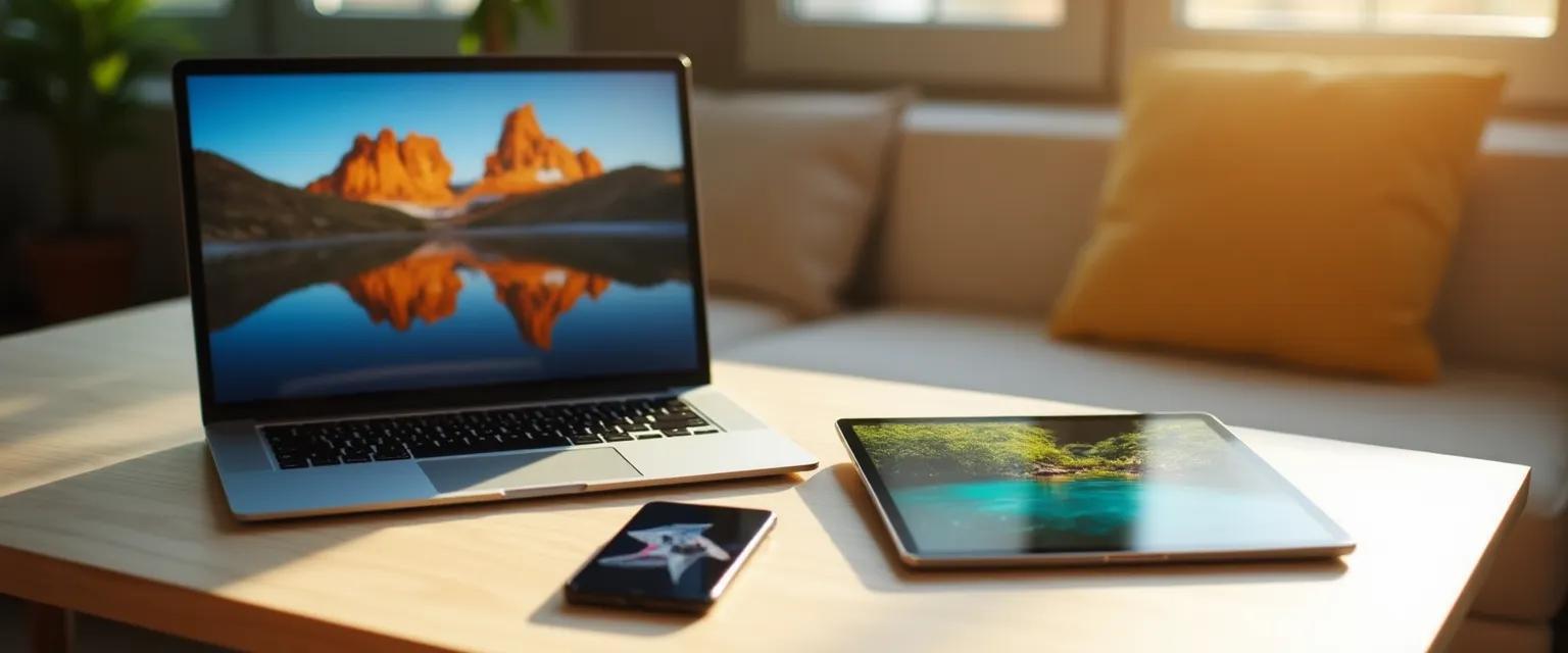 A visually appealing arrangement of digital devices showcasing diverse content formats in soft natural lighting.