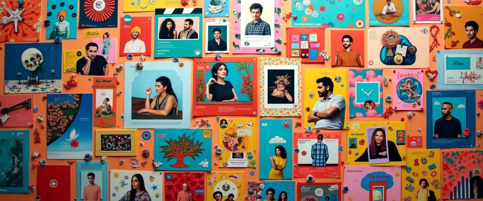 A dynamic collage of diverse visual elements in bright colors arranged for social media, focusing on images and illustrations.