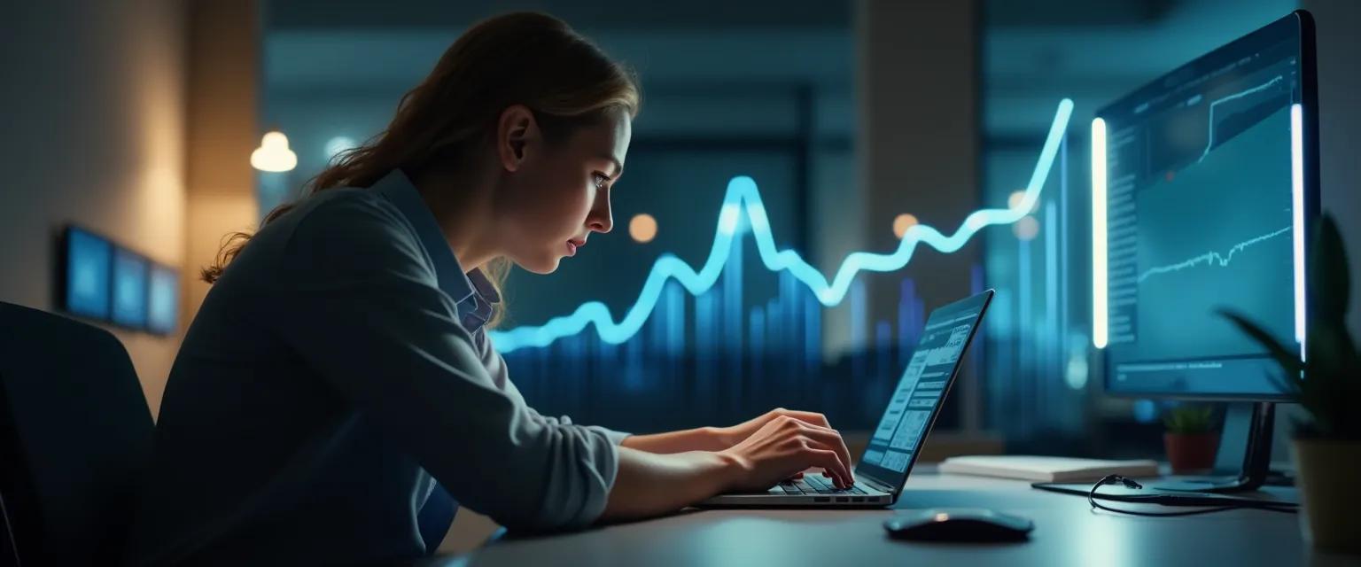 A person is working on a laptop with abstracted lines suggesting progress trending upward in the background.