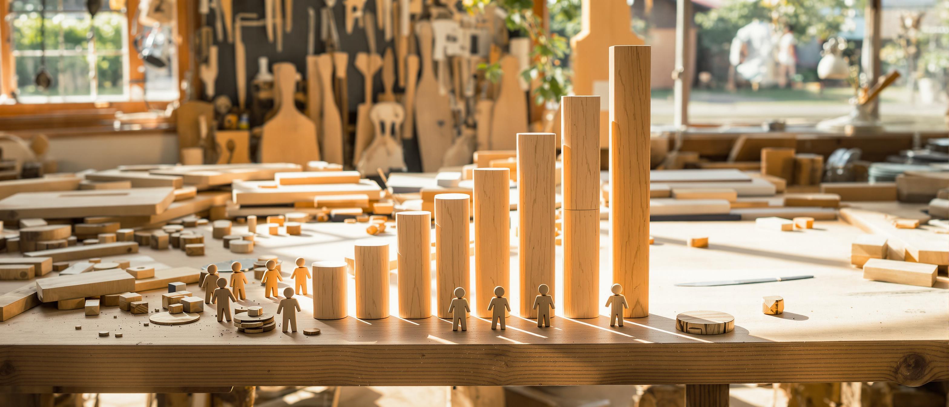A sunlit workshop table featuring a hand-drawn growth chart with handcrafted wooden elements, suggesting progress and achievement.
