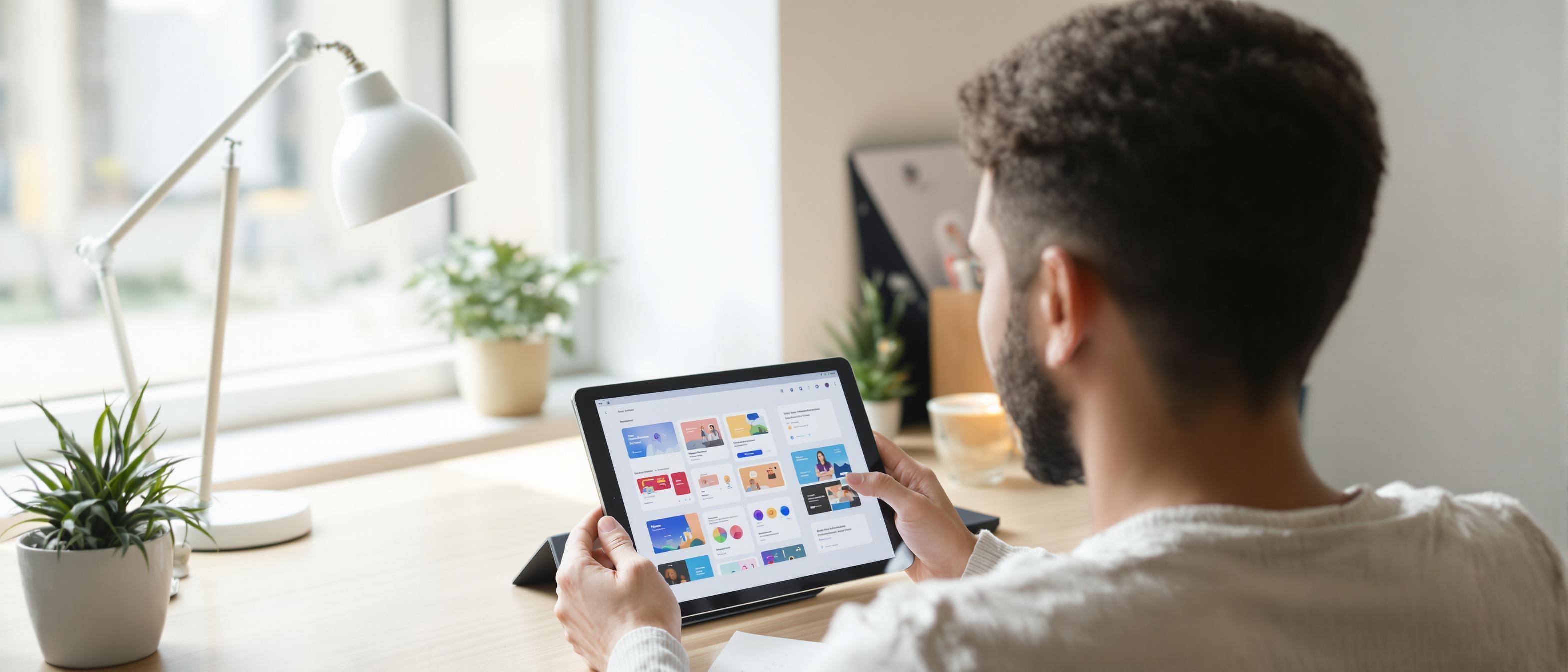 A person intently studying design projects on a tablet in a brightly lit, modern workspace.
