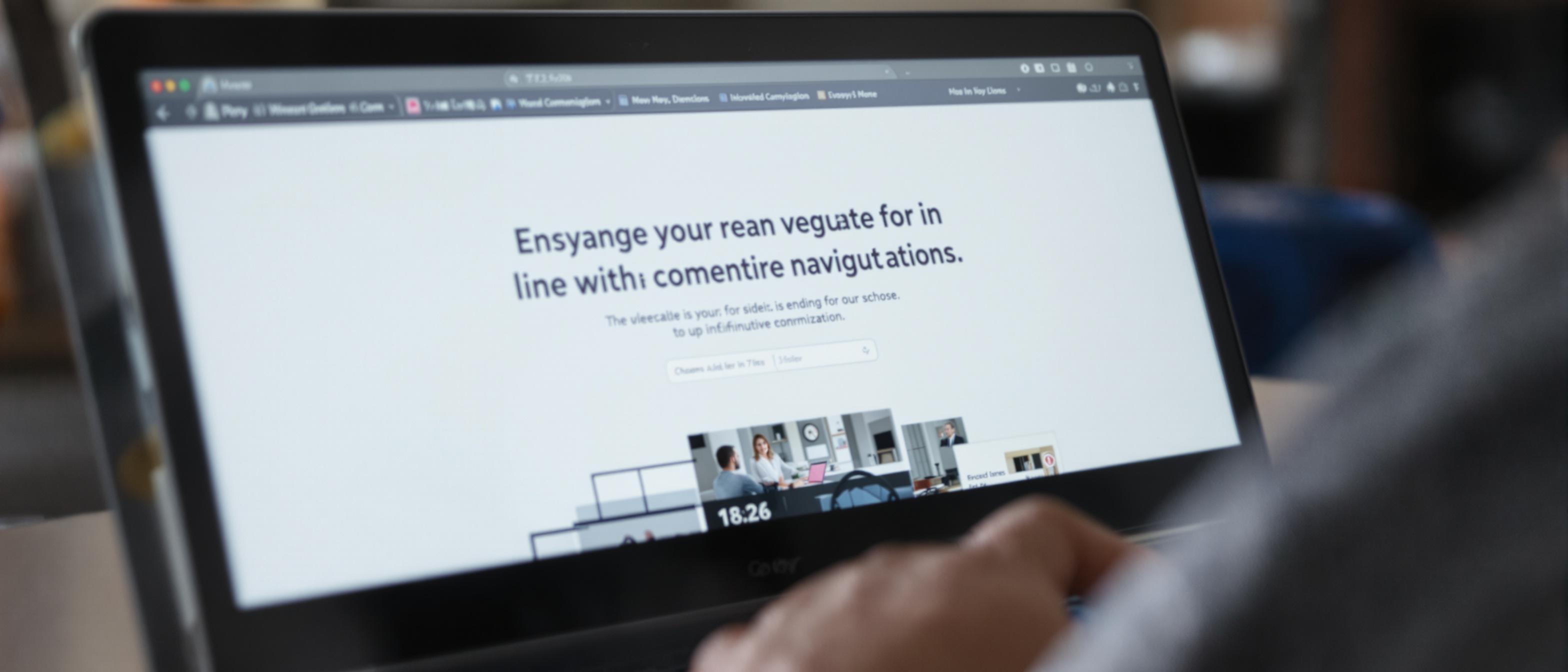 A close-up view focuses on a sleek laptop screen with a hand gently interacting with a modern website design.