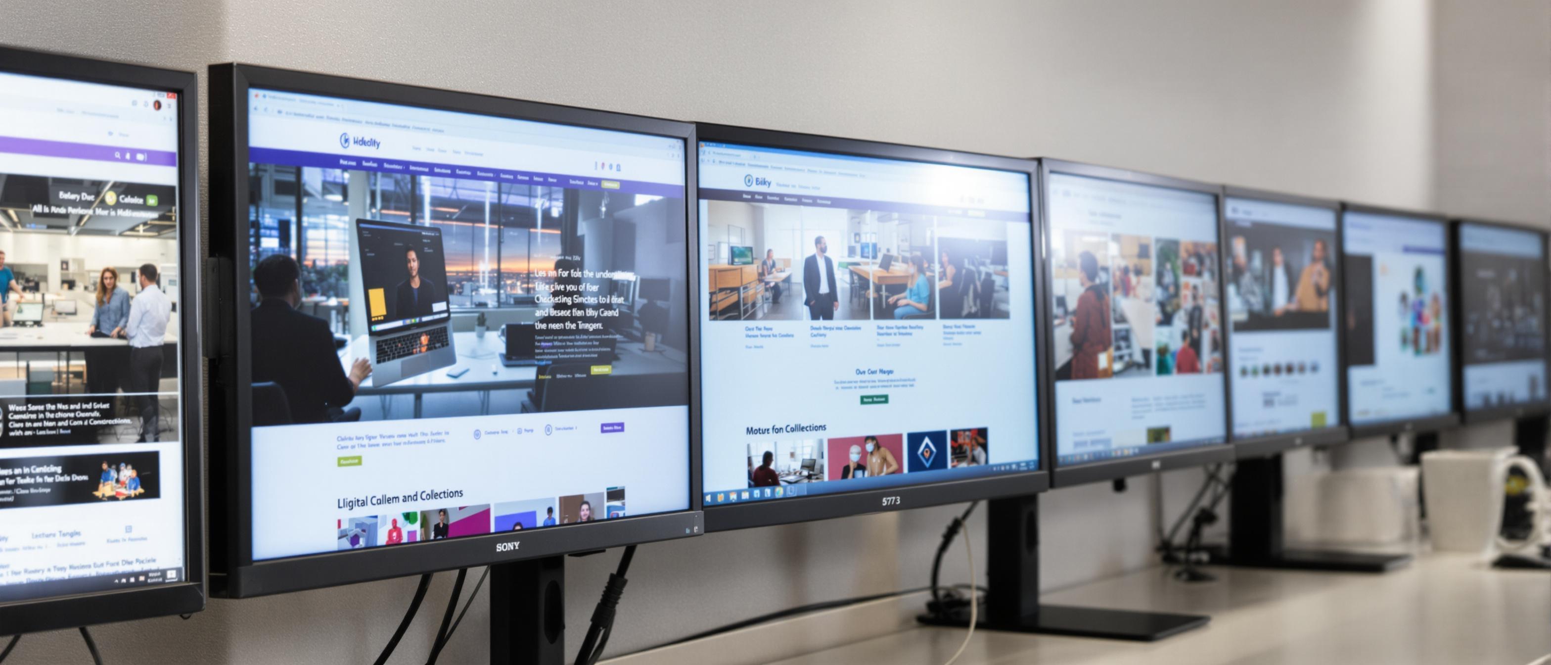 A series of monitors displaying varied website designs reflecting light in a row.