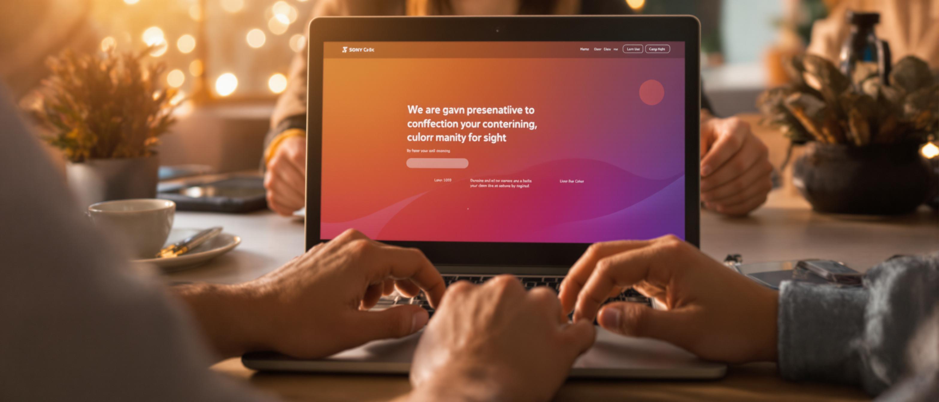 A group of hands reaches toward a laptop displaying a professional and cohesive webpage design with a consistent color scheme.