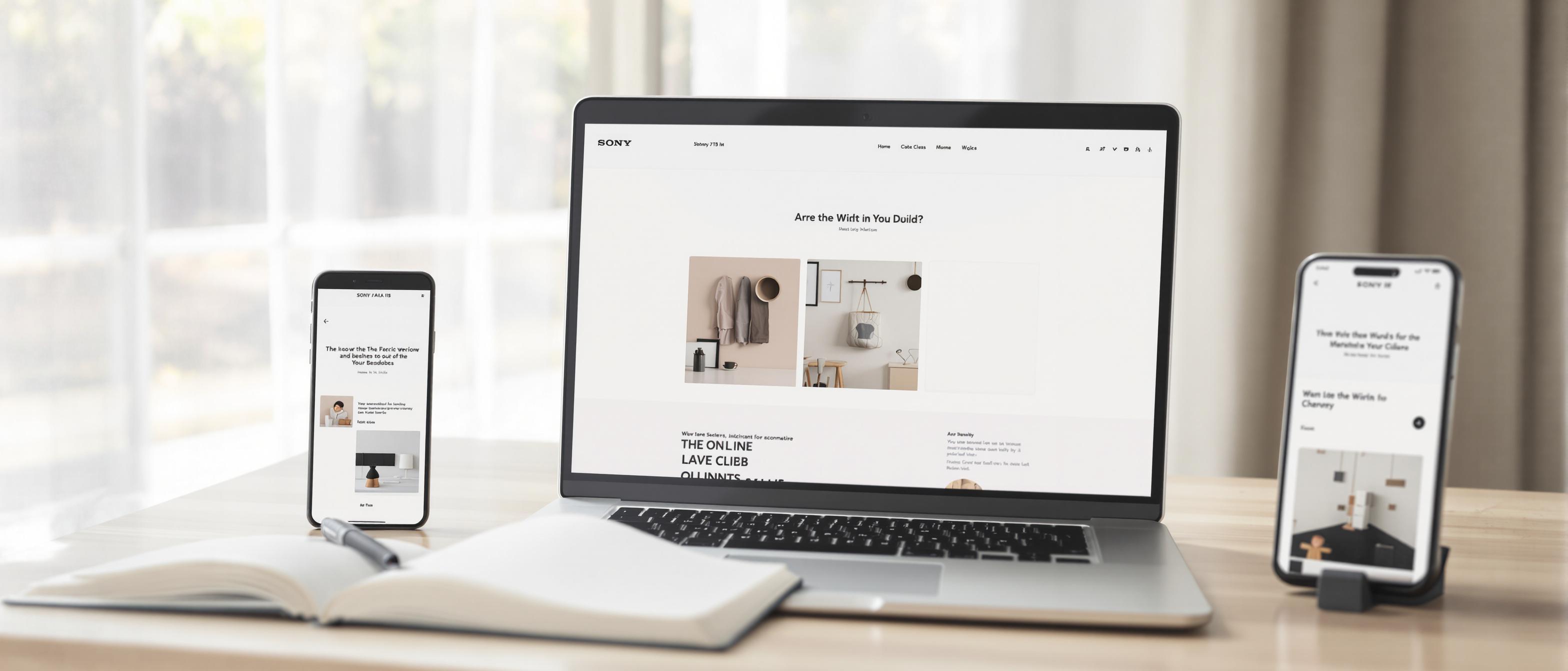 A laptop and mobile phone display a modern website, accompanied by a pen and notebook on a clean desk.