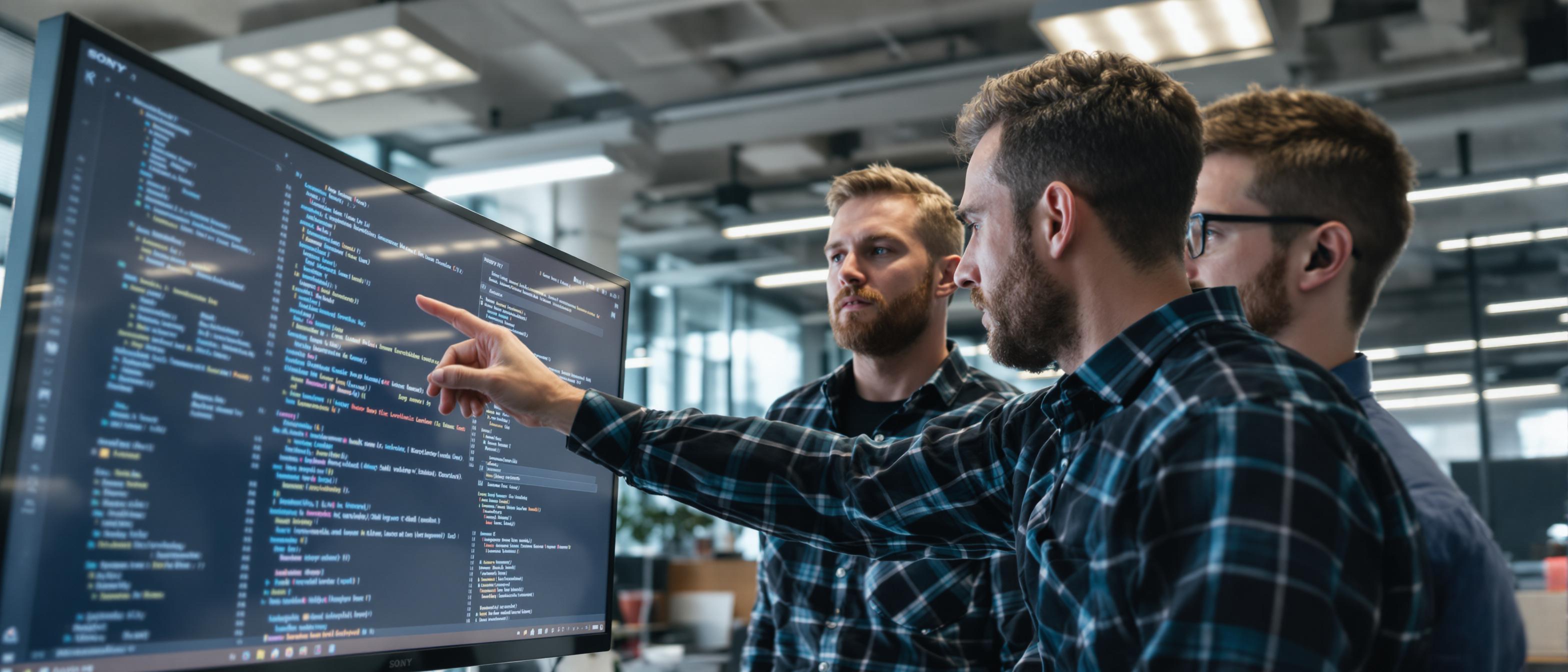 Two professionals are intensely analyzing code on a large monitor in a vibrant, collaborative office setting.