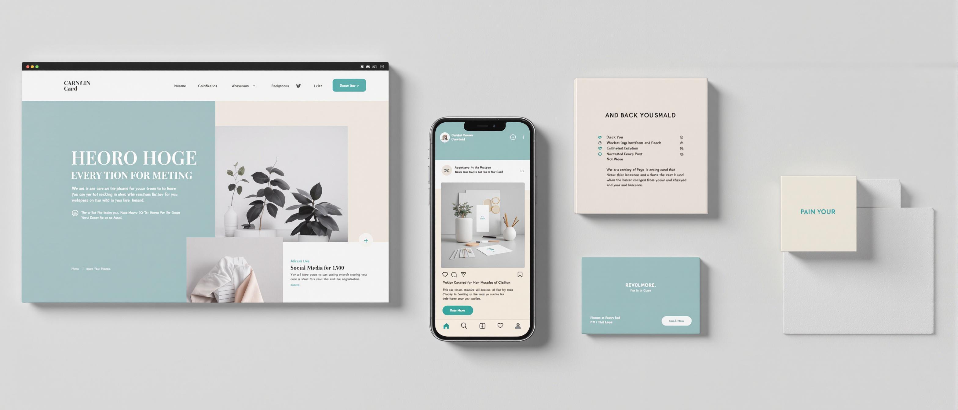 A cohesive set of marketing materials showcases a unified brand identity through consistent visual elements.