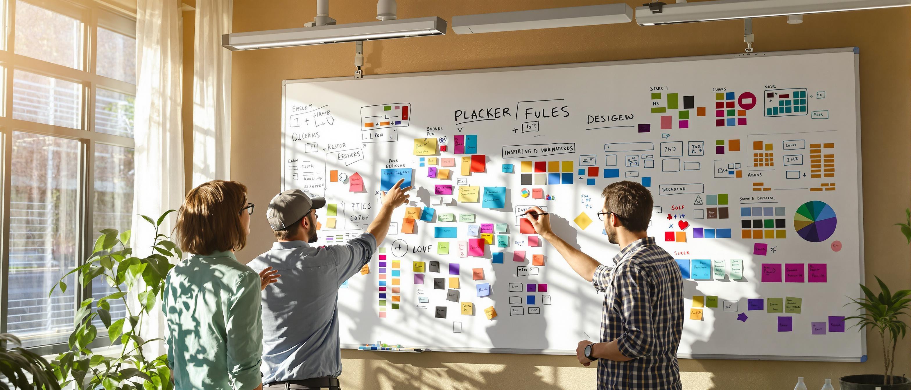 A designer enthusiastically presents ideas to a colleague in a sunlit office filled with creative inspiration.