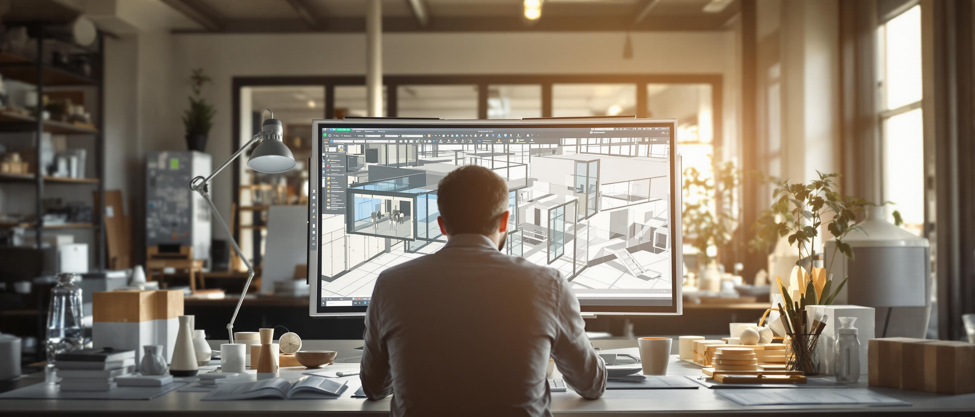 A designer is focused on a computer screen displaying design elements in a brightly lit studio.