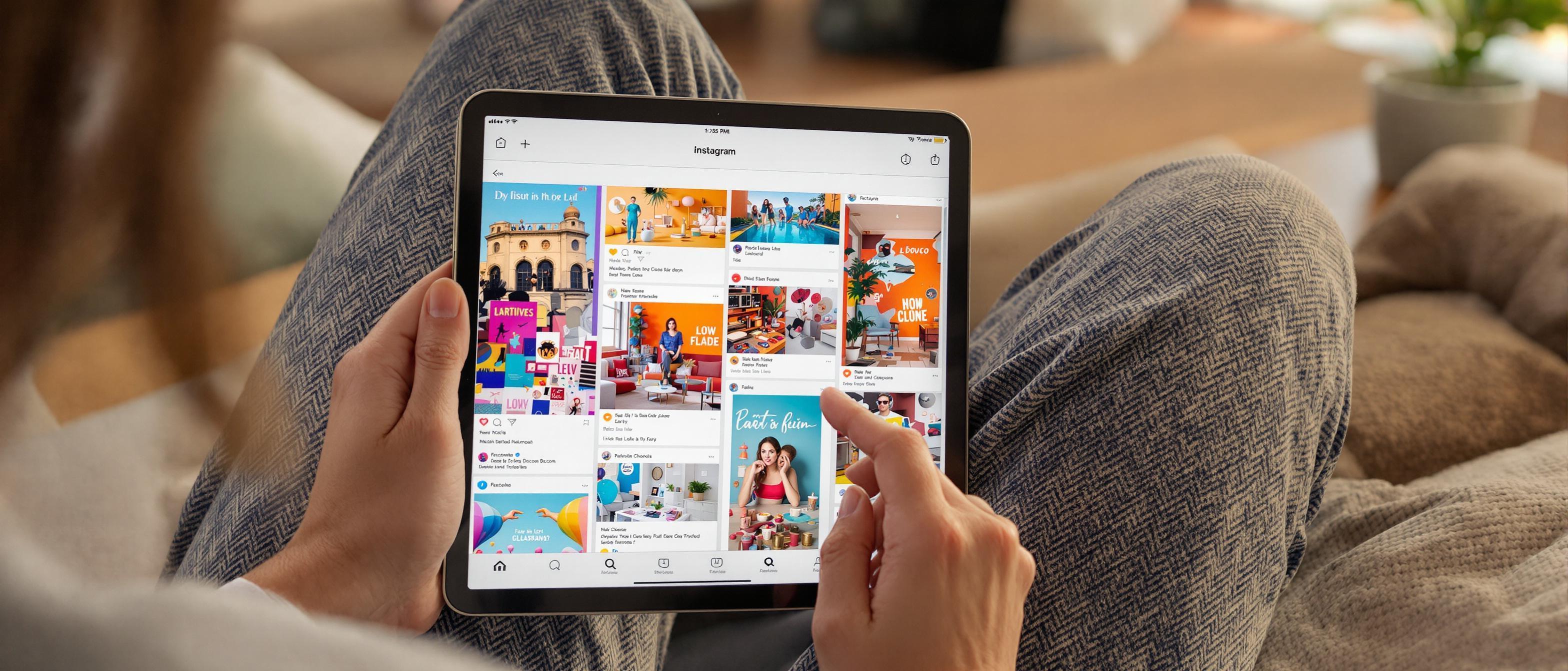 A person relaxing at home while browsing a cohesive social media feed on a tablet.